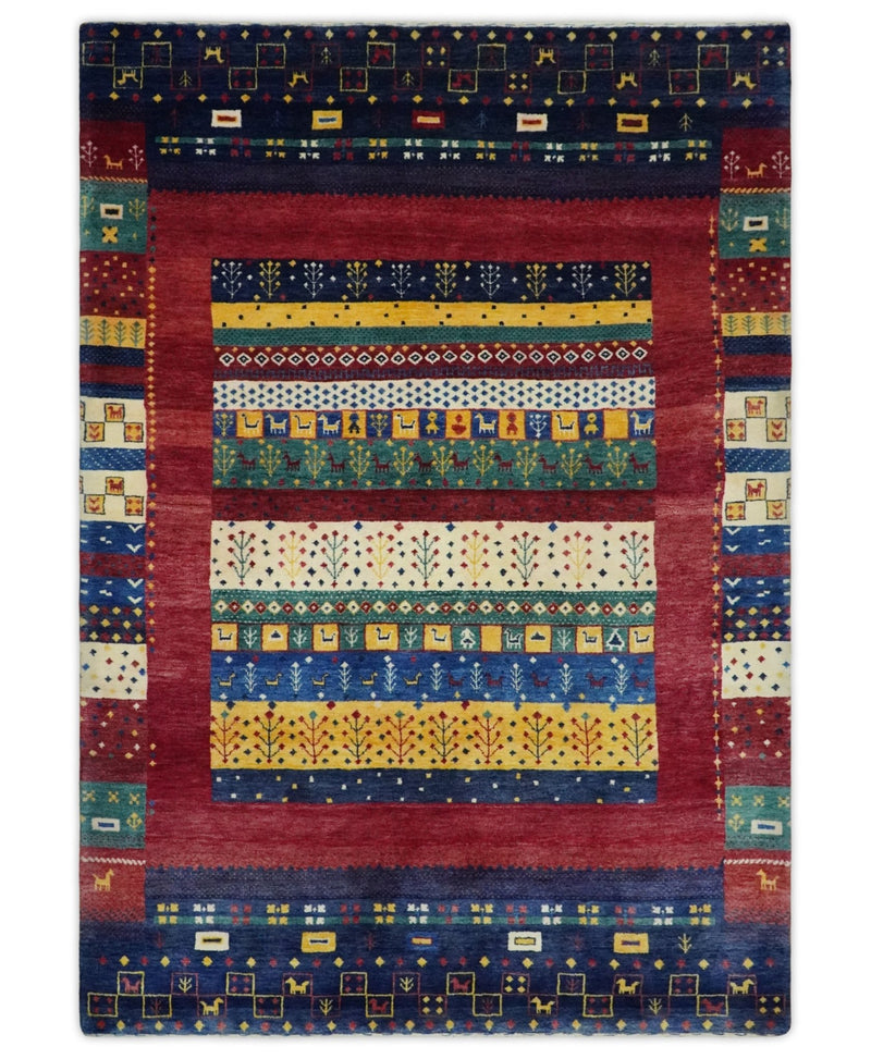 Tree 5x7 Multicolor Red and Blue Hand Knotted Wool Hand Made Lori Rug | KNT45 - The Rug Decor