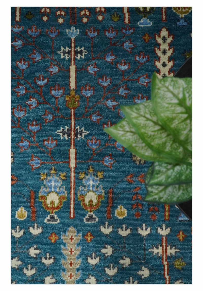 Tree of Life 5x8, 6x9, 8x10, 9x12, 10x14 and 12x15 Hand Knotted Teal Blue and Ivory Traditional Persian Vintage Wool Rug | TRDCP785 - The Rug Decor