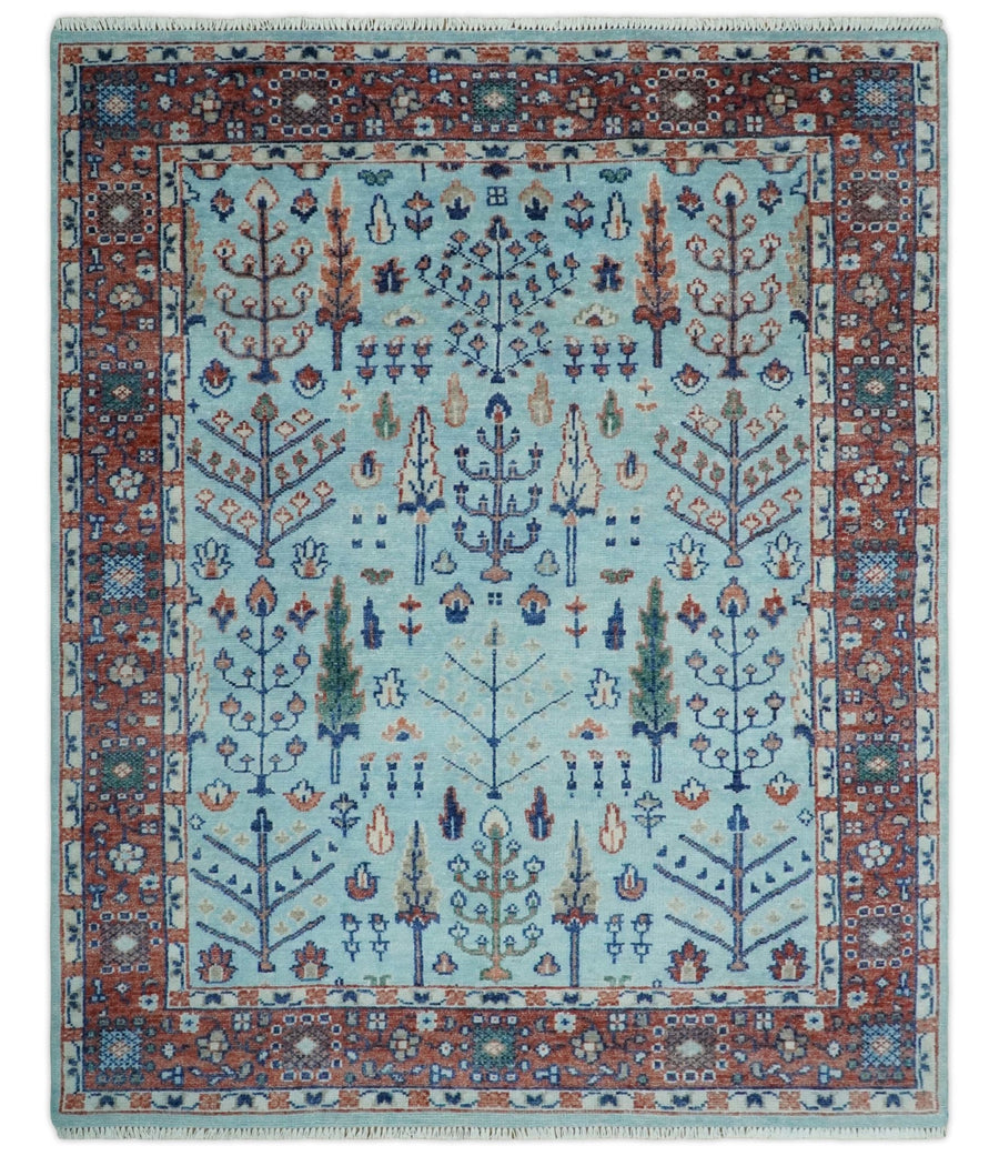 Tree of Life 8x10, 9x12, 10x14 and 12x15 Hand Knotted Blue and Rust Modern Persian Vintage Oushak Wool Rug | TRD2747 - The Rug Decor
