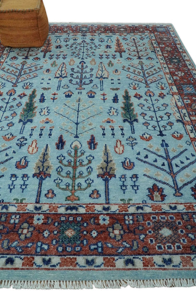 Tree of Life 8x10, 9x12, 10x14 and 12x15 Hand Knotted Blue and Rust Modern Persian Vintage Oushak Wool Rug | TRD2747 - The Rug Decor