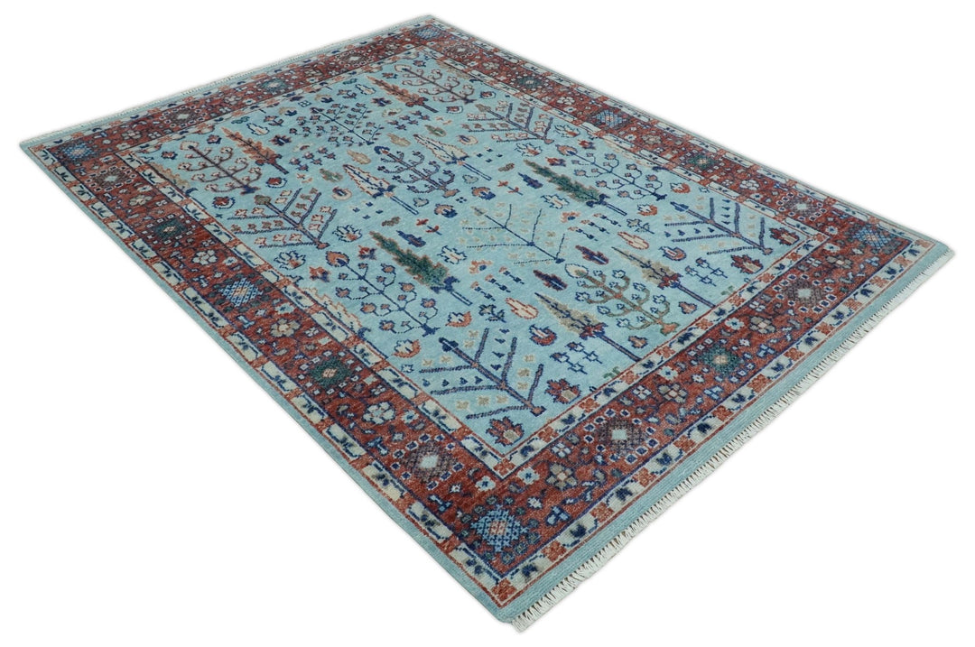 Tree of Life 8x10 Hand Knotted Blue and Rust Traditional Persian Vintage Oushak Wool Rug | TRD2747810S - The Rug Decor