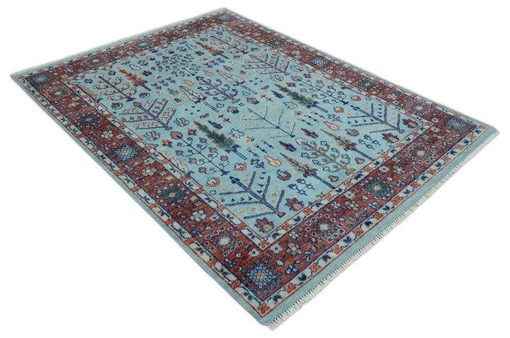 Tree of Life 8x10 Hand Knotted Blue and Rust Traditional Persian Vintage Oushak Wool Rug | TRD2747810S - The Rug Decor