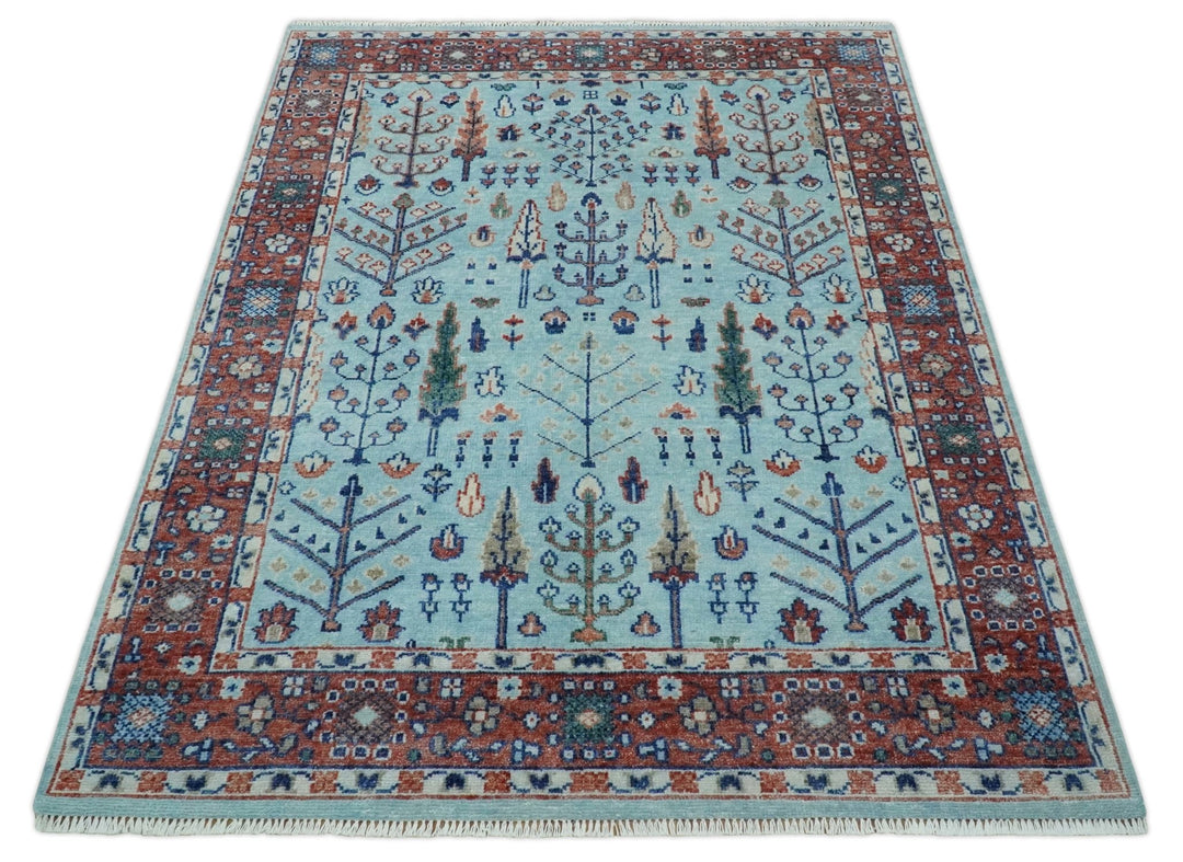 Tree of Life 8x10 Hand Knotted Blue and Rust Traditional Persian Vintage Oushak Wool Rug | TRD2747810S - The Rug Decor