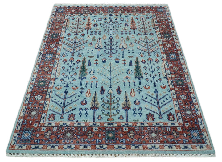 Tree of Life 8x10 Hand Knotted Blue and Rust Traditional Persian Vintage Oushak Wool Rug | TRD2747810S - The Rug Decor