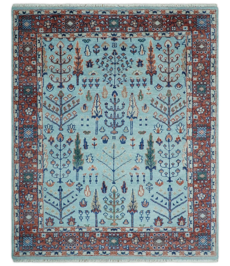 Tree of Life 8x10 Hand Knotted Blue and Rust Traditional Persian Vintage Oushak Wool Rug | TRD2747810S - The Rug Decor