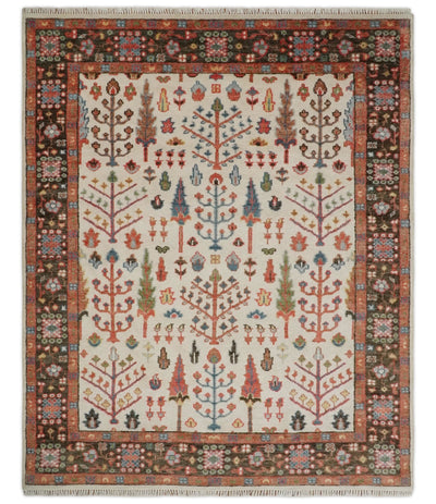 Tree of Life 8x10 Hand Knotted Ivory, Brown and Rust Traditional Oushak Wool Rug - The Rug Decor