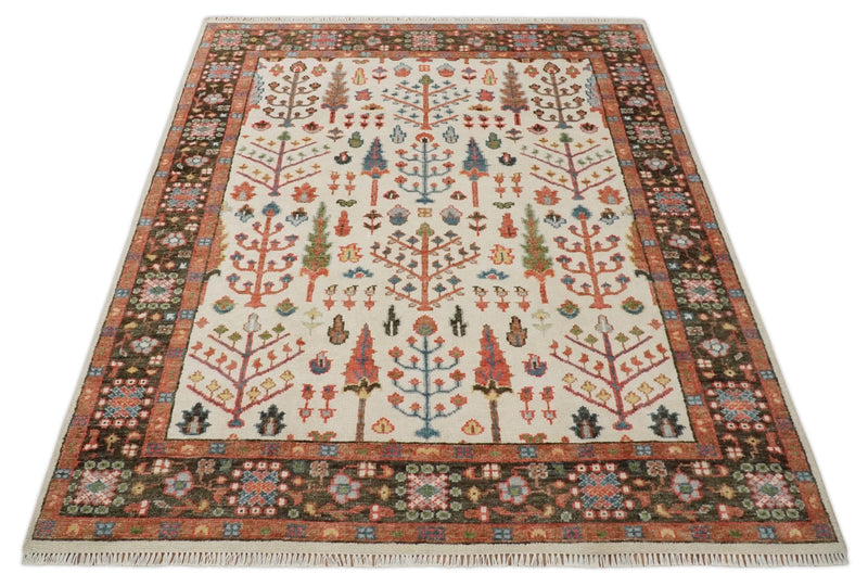 Tree of Life 8x10 Hand Knotted Ivory, Brown and Rust Traditional Oushak Wool Rug - The Rug Decor