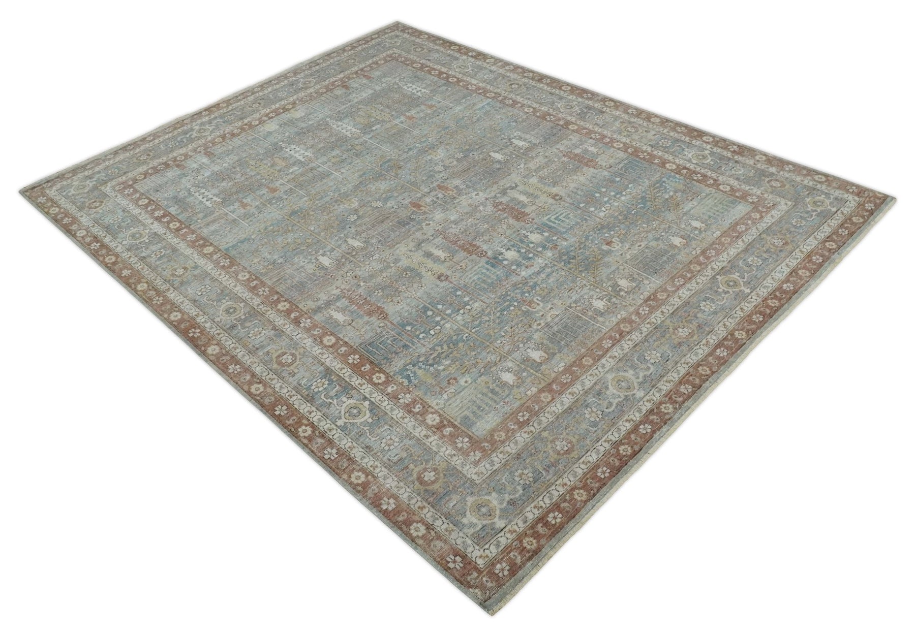 Antique Distressed Finished Gray, Silver and Rust Low Pile Turkish Rug ...