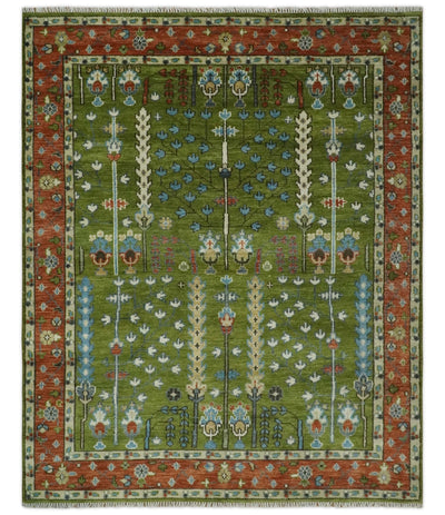 Tree of life Green and Rust Traditional Hand knotted 8x10 wool Area Rug - The Rug Decor