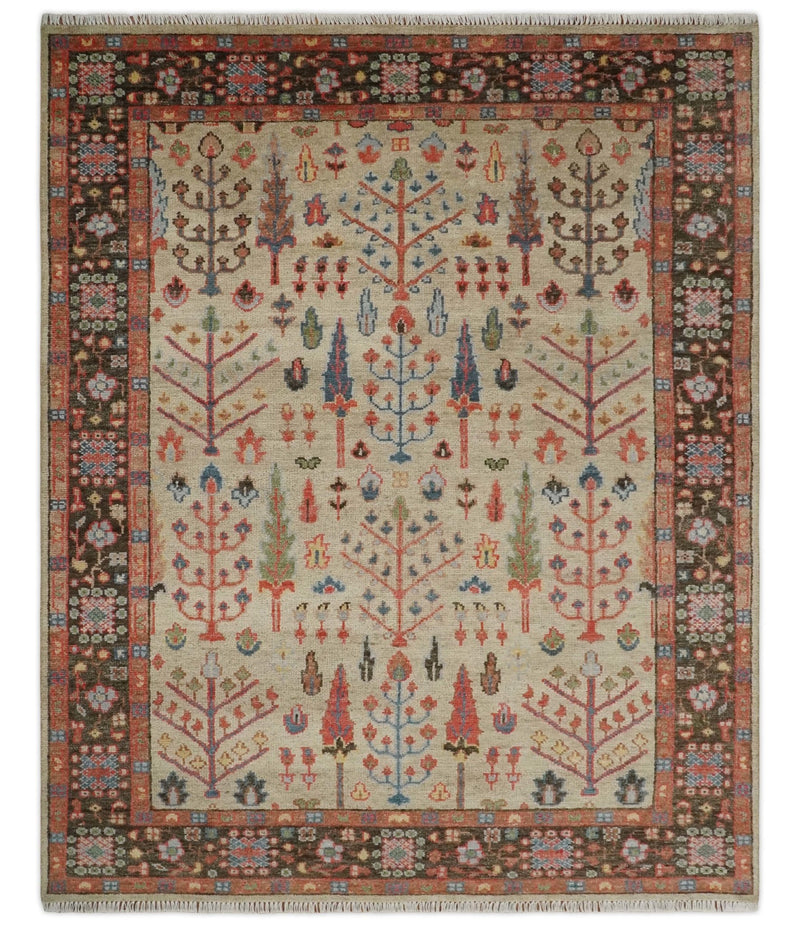 Tree of Life Hand Knotted 8x10 Beige, Brown and Rust Traditional Oushak Wool Rug - The Rug Decor