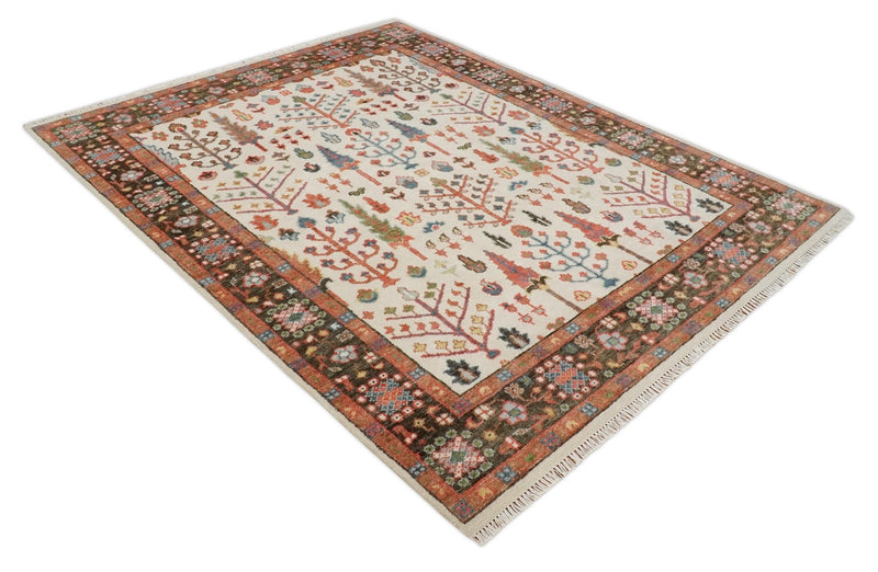 Tree of Life Hand Knotted Ivory, Brown and Rust Traditional Oushak Multi Size Wool Rug - The Rug Decor