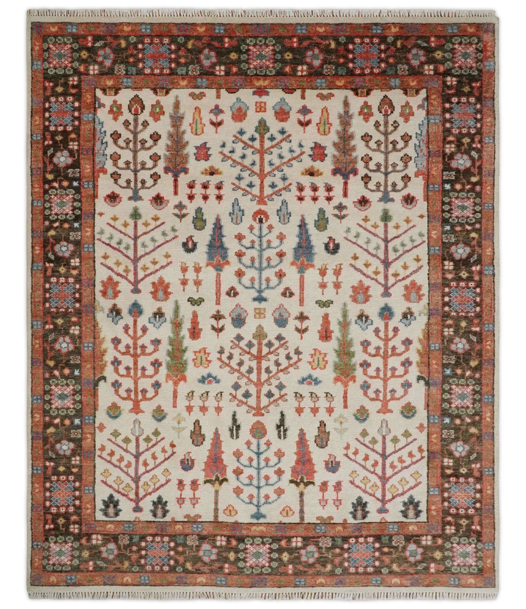Tree of Life Ivory, Brown and Rust Traditional Vintage Oushak Wool Rug ...