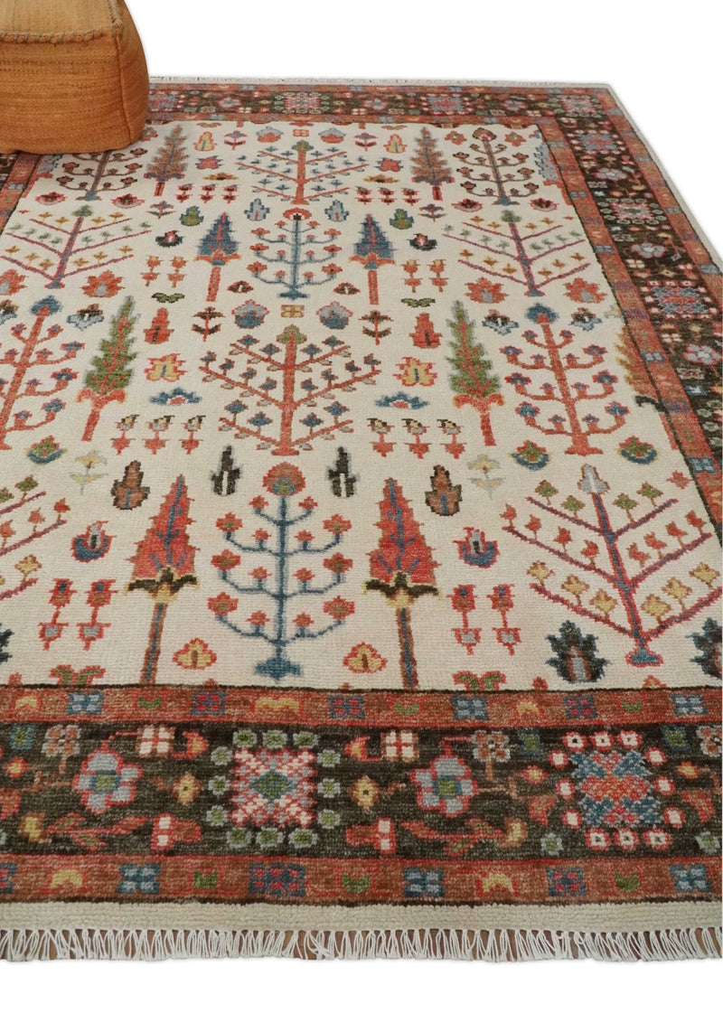 Tree of Life Hand Knotted Ivory, Brown and Rust Traditional Oushak Multi Size Wool Rug - The Rug Decor