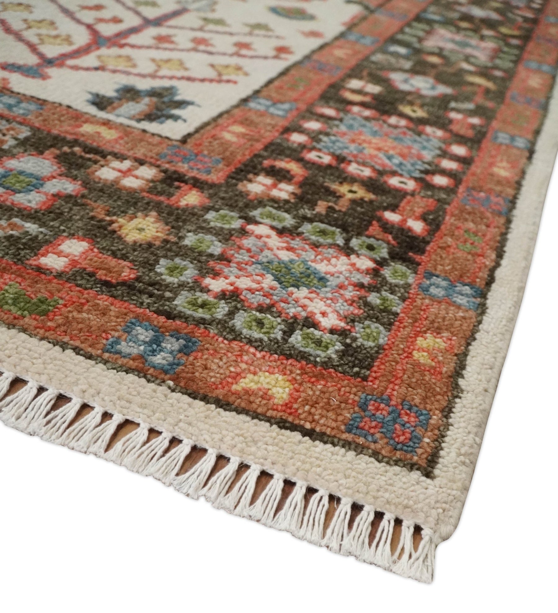 Tree of Life Ivory, Brown and Rust Traditional Vintage Oushak Wool Rug ...