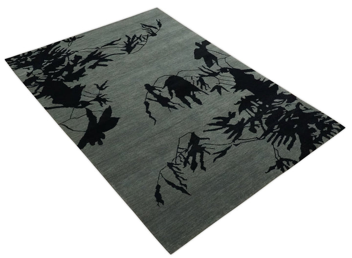 Tree of life leaf Art Gray and Black 5x6.6 Hand knotted wool Area Rug - The Rug Decor
