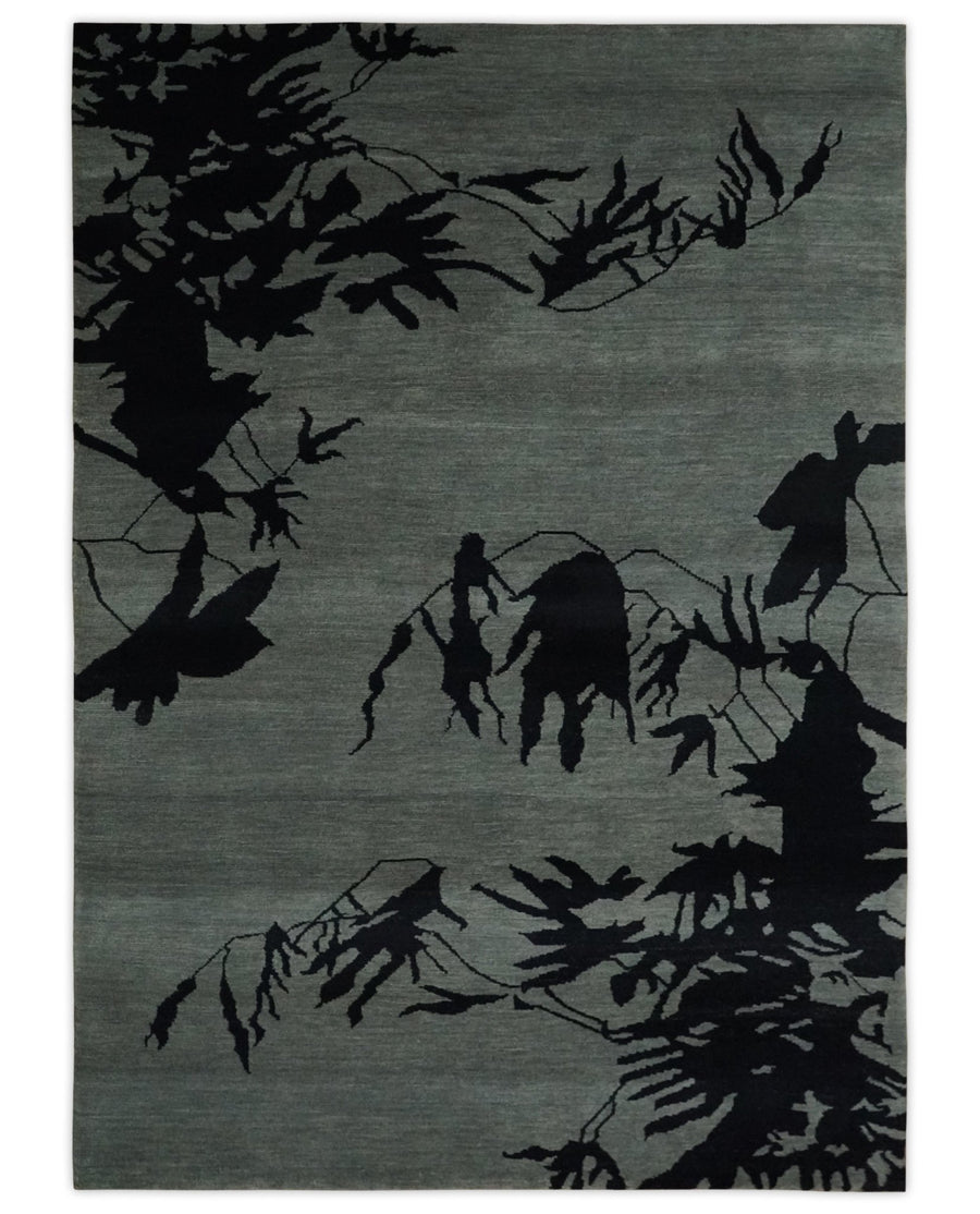 Tree of life leaf Art Gray and Black 5x6.6 Hand knotted wool Area Rug - The Rug Decor