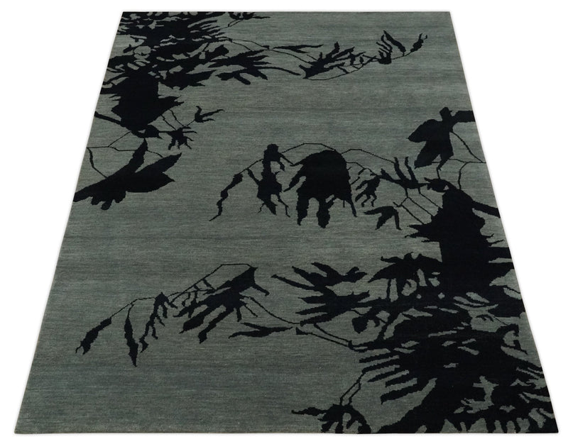 Tree of life leaf Art Gray and Black 5x6.6 Hand knotted wool Area Rug - The Rug Decor