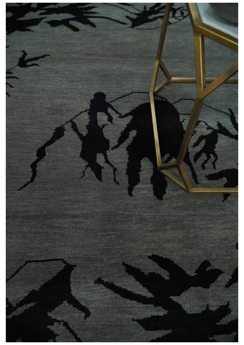 Tree of life leaf Art Gray and Black 5x6.6 Hand knotted wool Area Rug - The Rug Decor