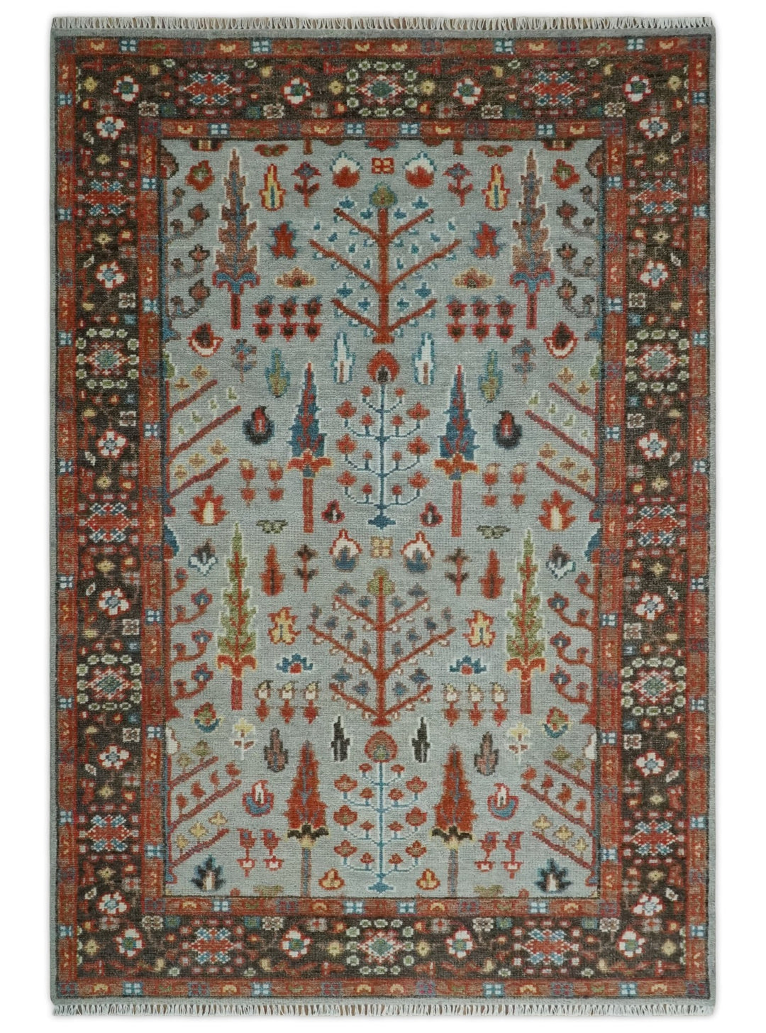 Tree of Life Multi Size Hand Knotted Silver, Brown and Rust Traditional Vintage Oushak Wool Rug - The Rug Decor