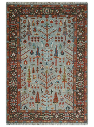 Tree of Life Multi Size Hand Knotted Silver, Brown and Rust Traditional Vintage Oushak Wool Rug - The Rug Decor