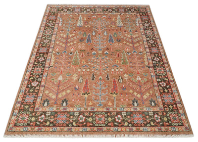 Tree of Life Peach and Brown Hand Knotted 8x10 Traditional Oushak Wool Rug - The Rug Decor