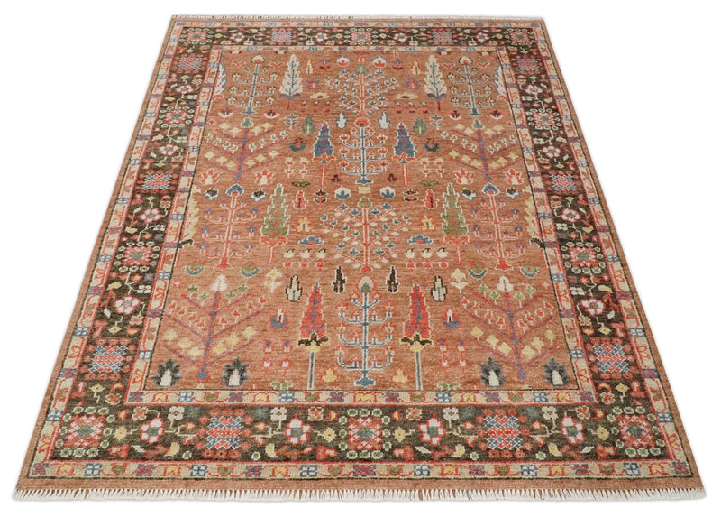 Tree of Life Peach and Brown Hand Knotted 8x10 Traditional Oushak Wool Rug - The Rug Decor