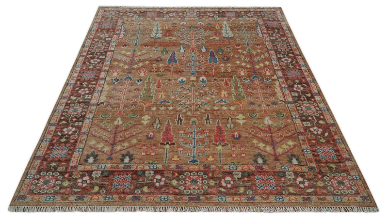 Tree of Life Rust and Brown Hand Knotted 8x10 Traditional Oushak Wool Rug - The Rug Decor