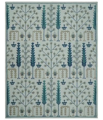 Tree of life Silver, Beige and Teal Traditional Floral Hand Tufted Custom Made wool Area Rug - The Rug Decor