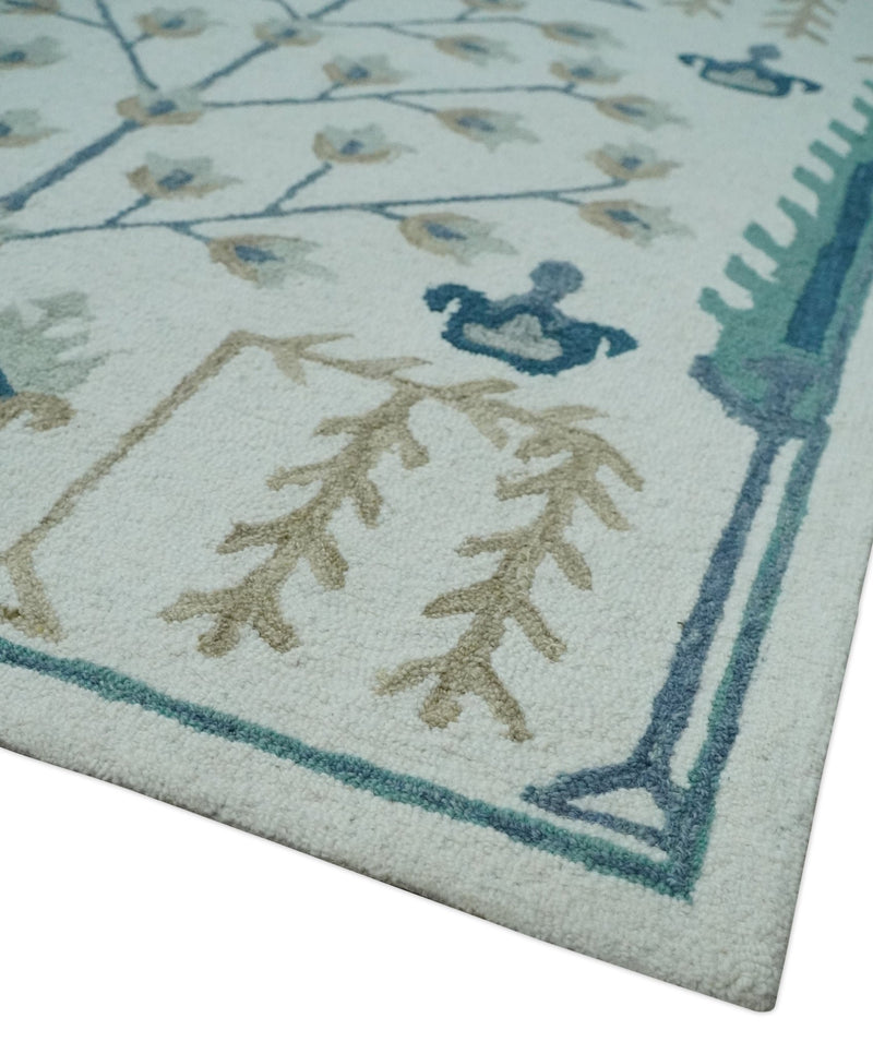 Tree of life Silver, Beige and Teal Traditional Floral Hand Tufted Custom Made wool Area Rug - The Rug Decor