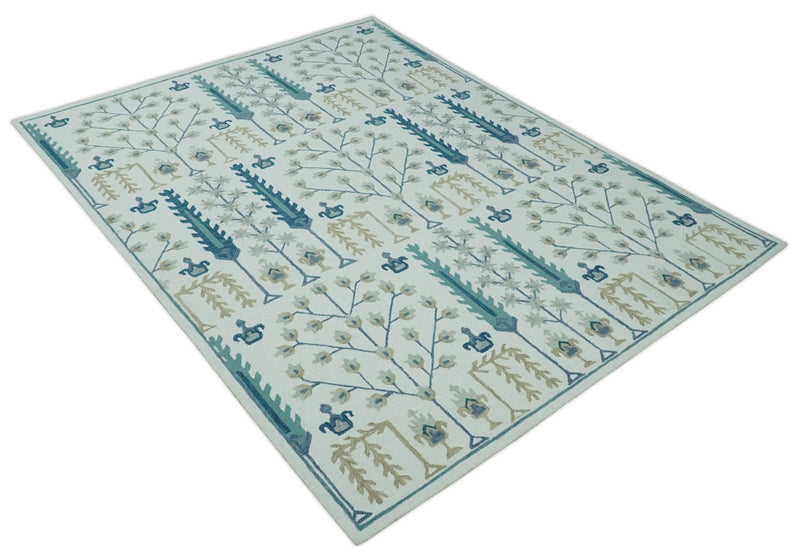 Tree of life Silver, Beige and Teal Traditional Floral Hand Tufted Custom Made wool Area Rug - The Rug Decor