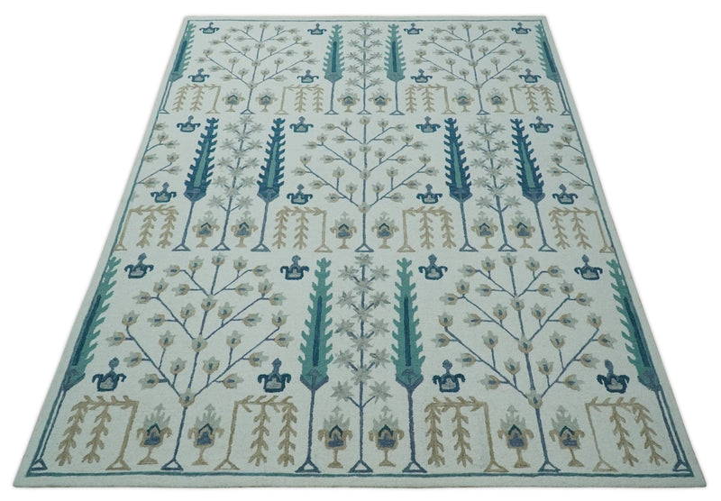 Tree of life Silver, Beige and Teal Traditional Floral Hand Tufted Custom Made wool Area Rug - The Rug Decor