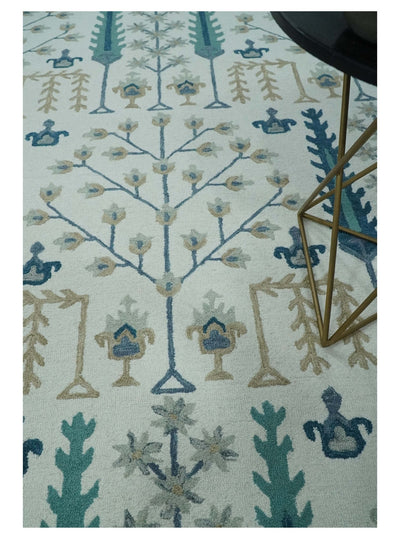 Tree of life Silver, Beige and Teal Traditional Floral Hand Tufted Custom Made wool Area Rug - The Rug Decor