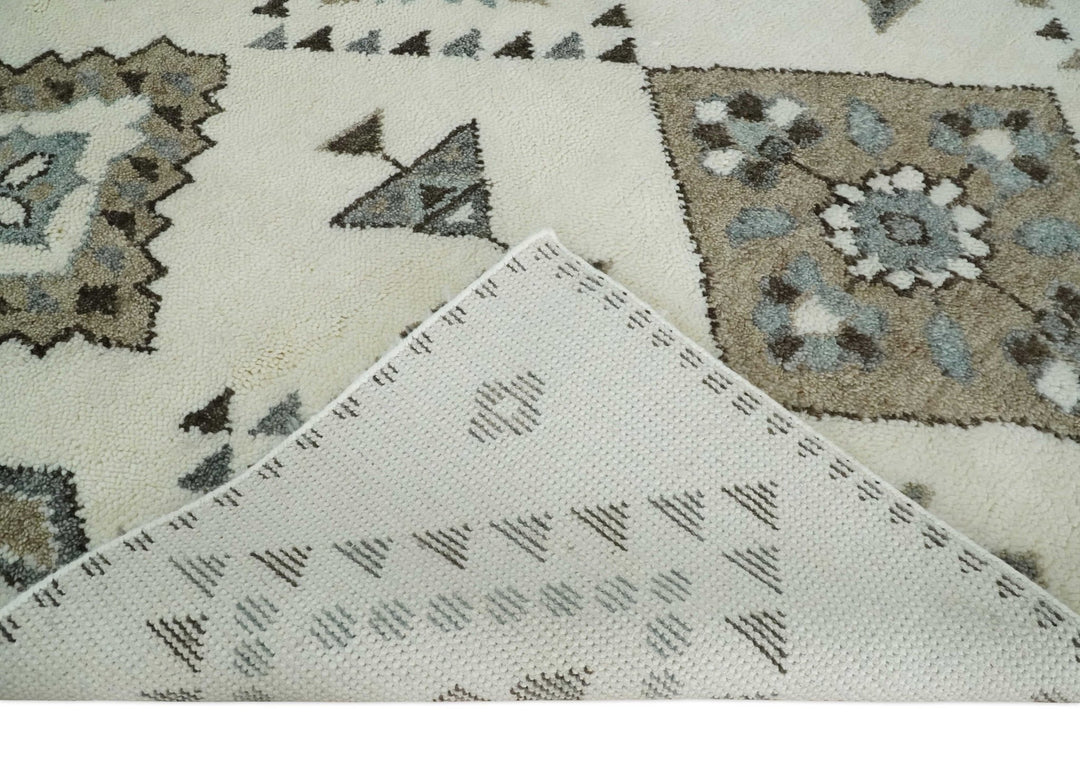 Tribal Design 8x10 Ivory and Brown Traditional Geometrical Pattern Hand Knotted Wool Area Rug - The Rug Decor
