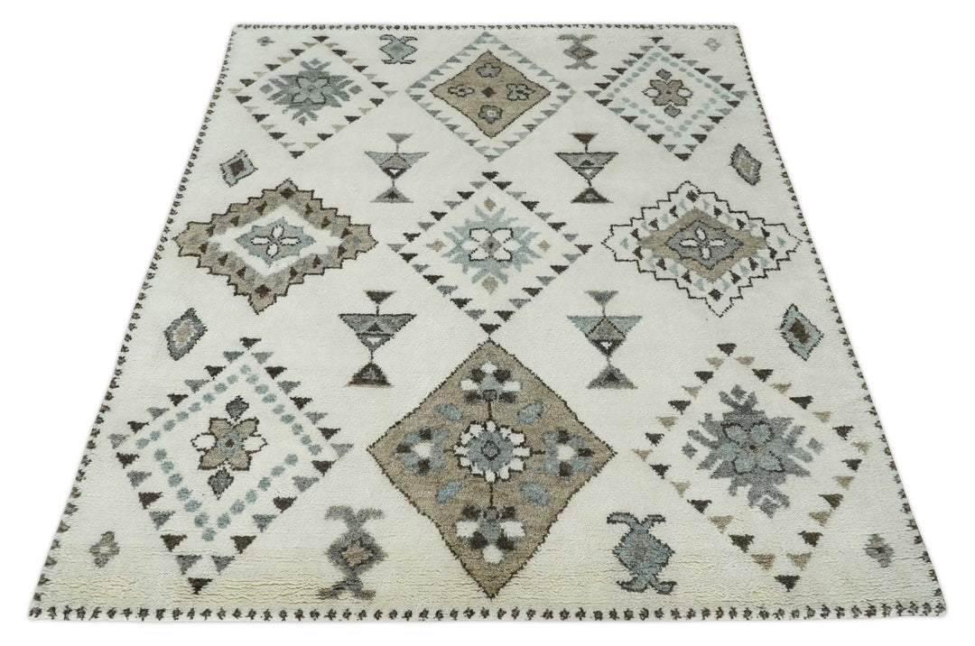Tribal Design 8x10 Ivory and Brown Traditional Geometrical Pattern Hand Knotted Wool Area Rug - The Rug Decor