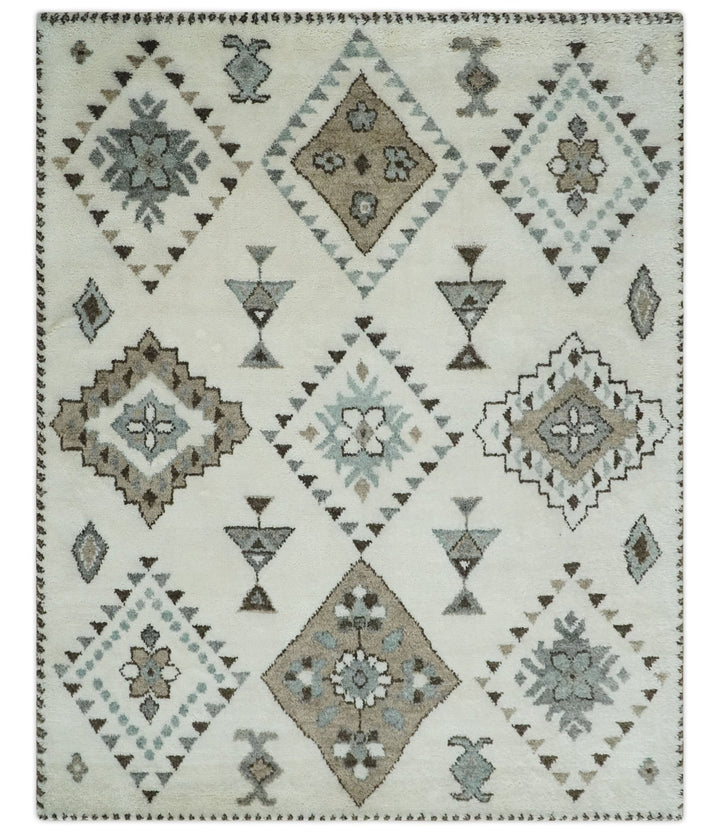 Tribal Design 8x10 Ivory and Brown Traditional Geometrical Pattern Hand Knotted Wool Area Rug - The Rug Decor