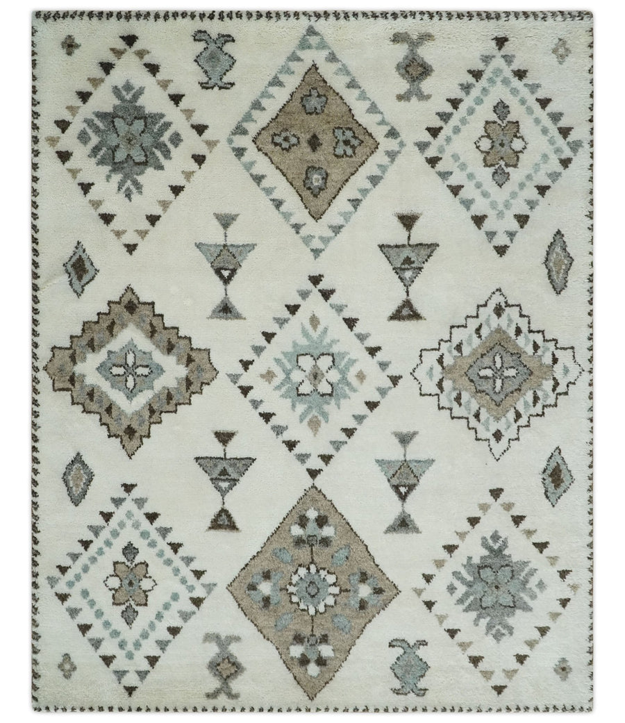 Tribal Design 8x10 Ivory and Brown Traditional Geometrical Pattern Hand Knotted Wool Area Rug - The Rug Decor