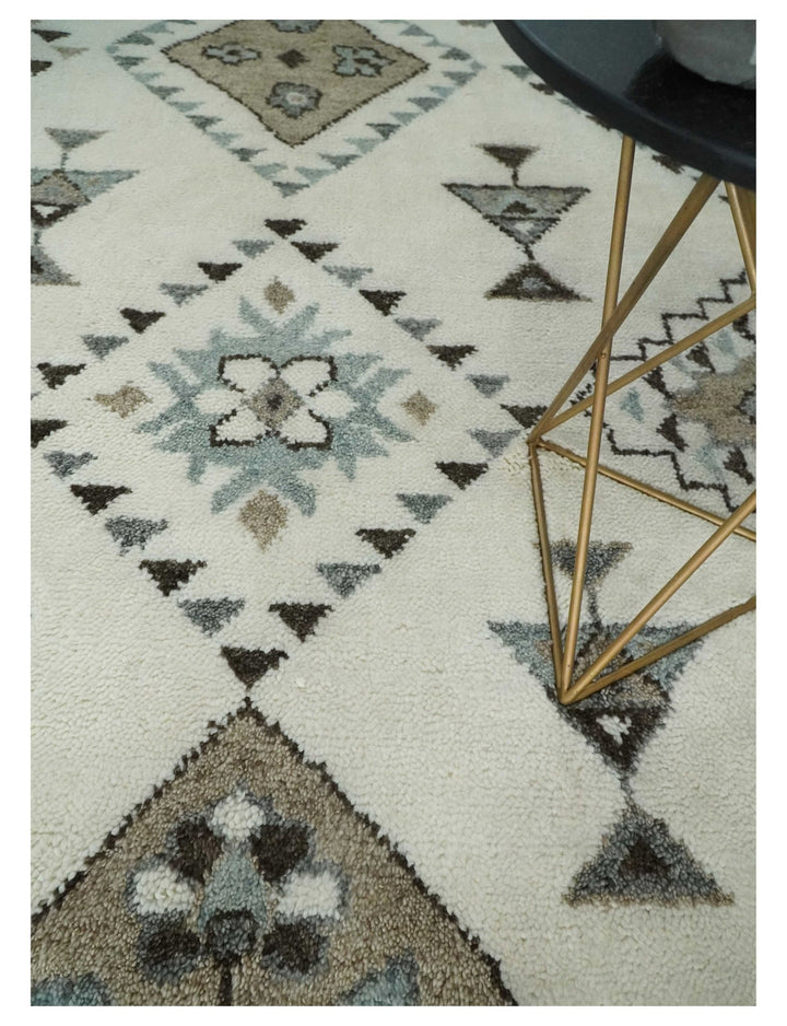 Tribal Design 8x10 Ivory and Brown Traditional Geometrical Pattern Hand Knotted Wool Area Rug - The Rug Decor