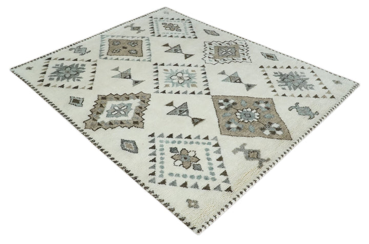 Tribal Design 8x10 Ivory and Brown Traditional Geometrical Pattern Hand Knotted Wool Area Rug - The Rug Decor