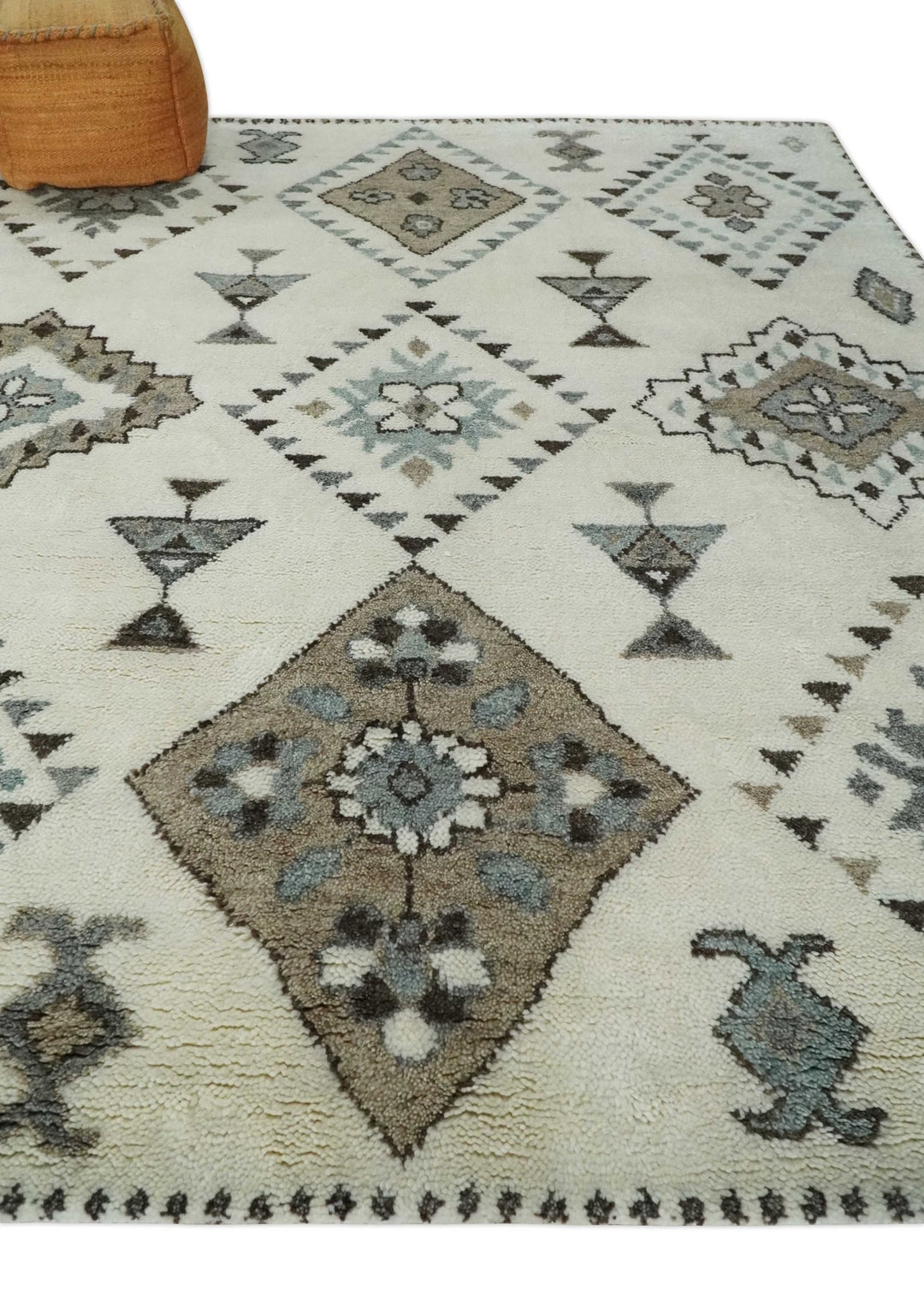 Tribal Design 8x10 Ivory and Brown Traditional Geometrical Pattern Hand Knotted Wool Area Rug - The Rug Decor