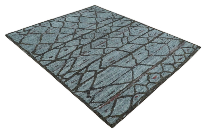 Tribal Design 8x10 Silver, Charcoal and Olive Stripes Handmade Wool Area Rug - The Rug Decor