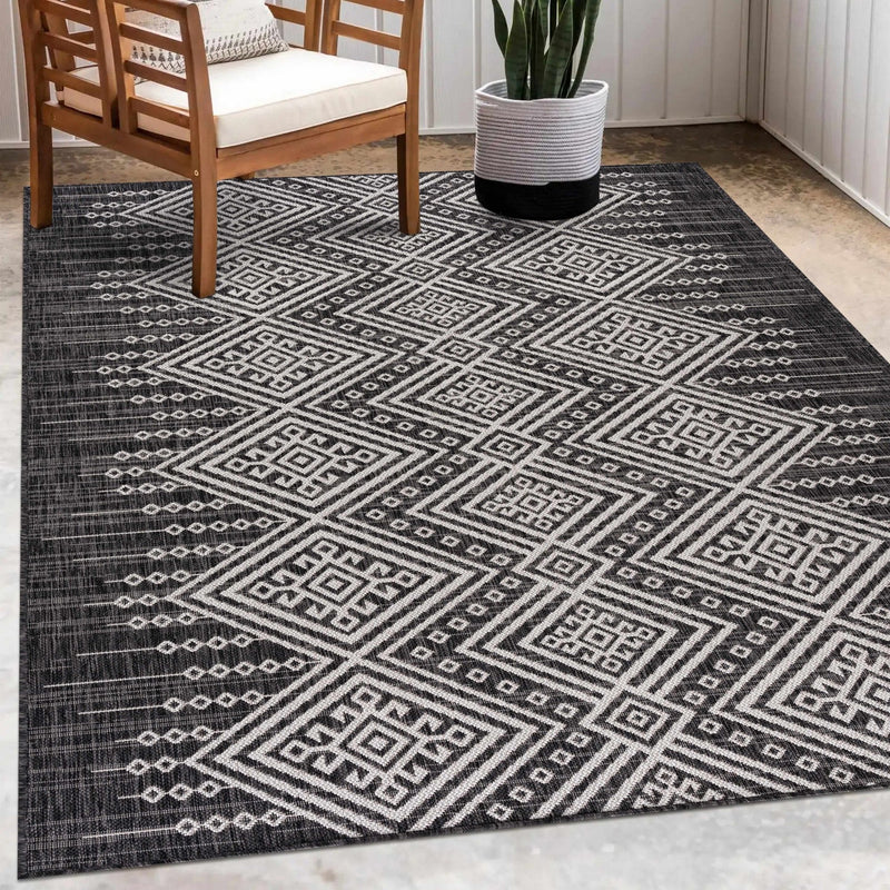 Tribal Design Charcoal And Ivory Traditional Ikat Design Outdoor Safe area Rug - The Rug Decor