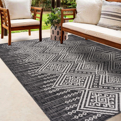 Tribal Design Charcoal And Ivory Traditional Ikat Design Outdoor Safe area Rug - The Rug Decor