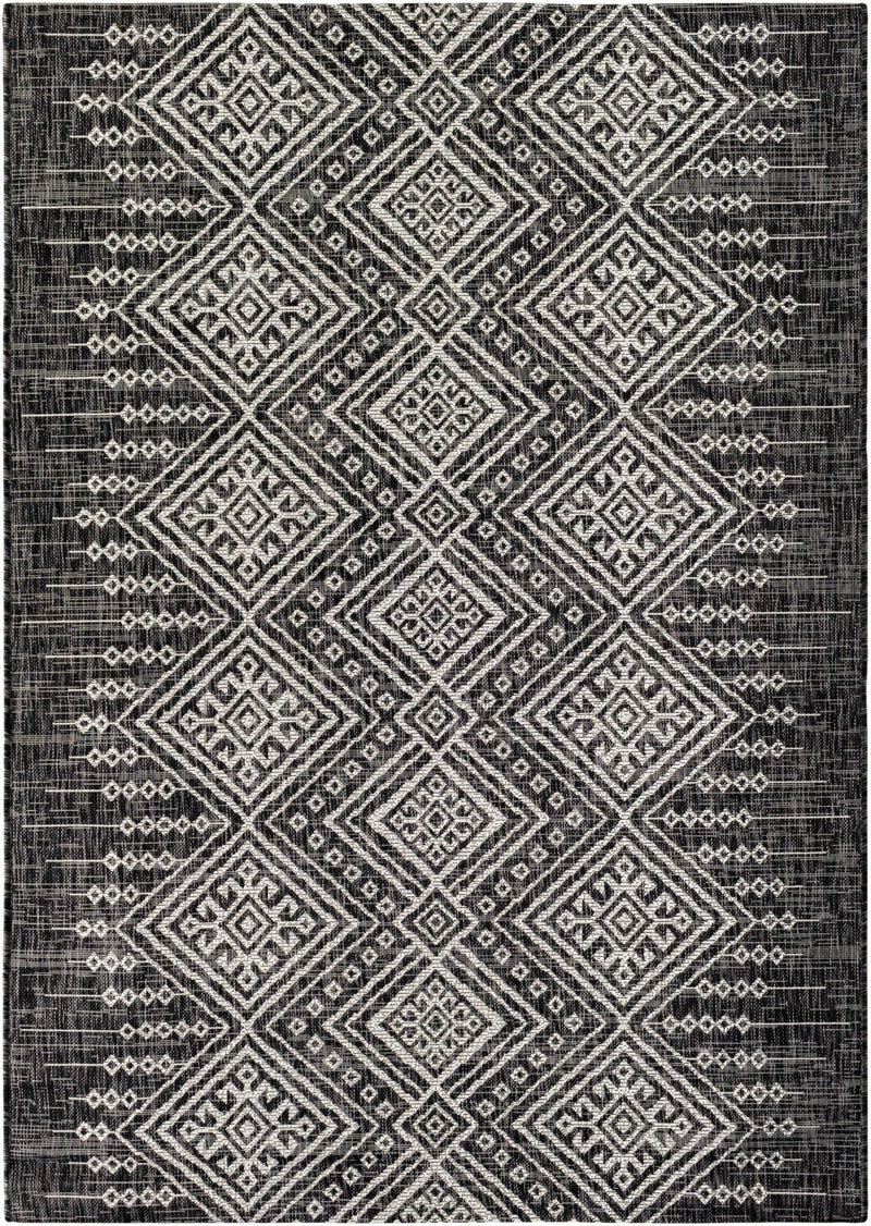 Tribal Design Charcoal And Ivory Traditional Ikat Design Outdoor Safe area Rug - The Rug Decor