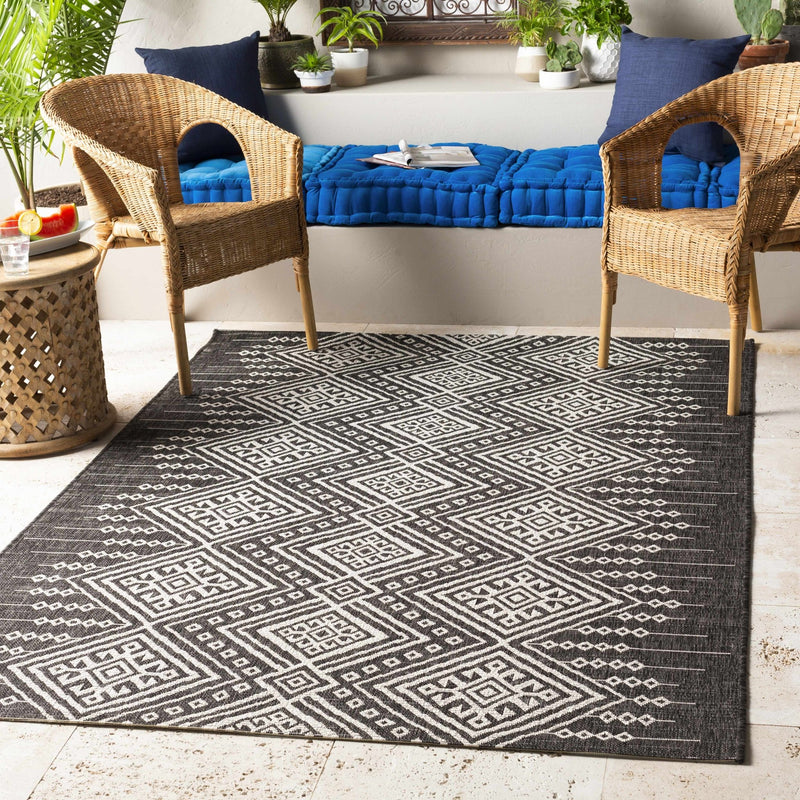 Tribal Design Charcoal And Ivory Traditional Ikat Design Outdoor Safe area Rug - The Rug Decor