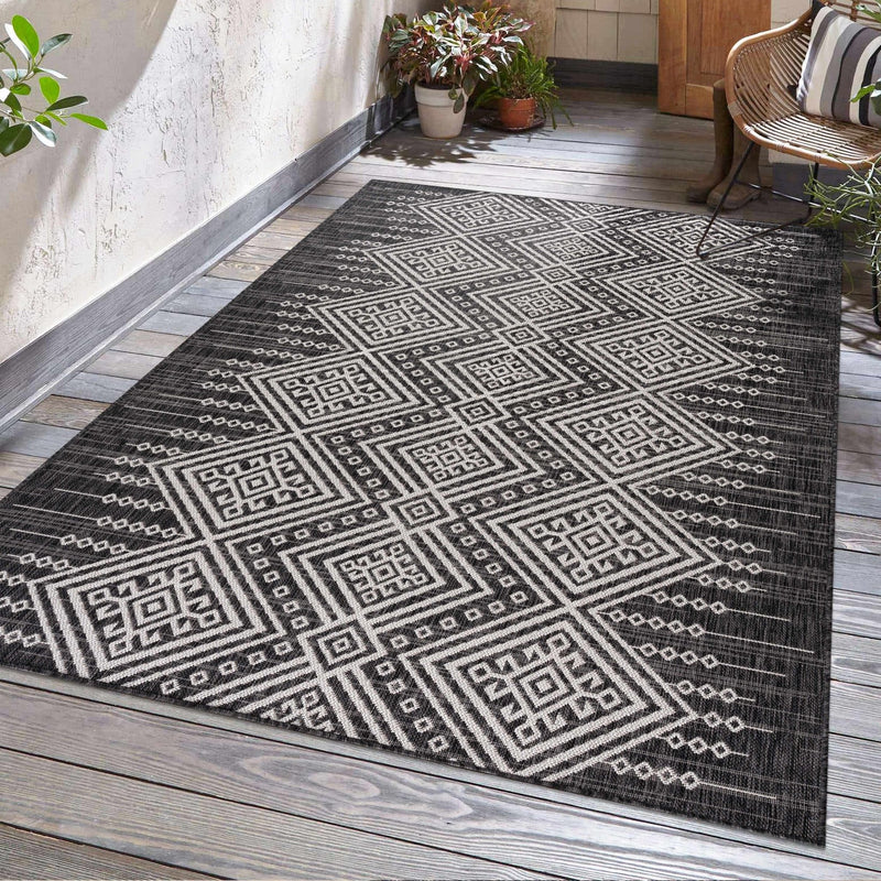 Tribal Design Charcoal And Ivory Traditional Ikat Design Outdoor Safe area Rug - The Rug Decor