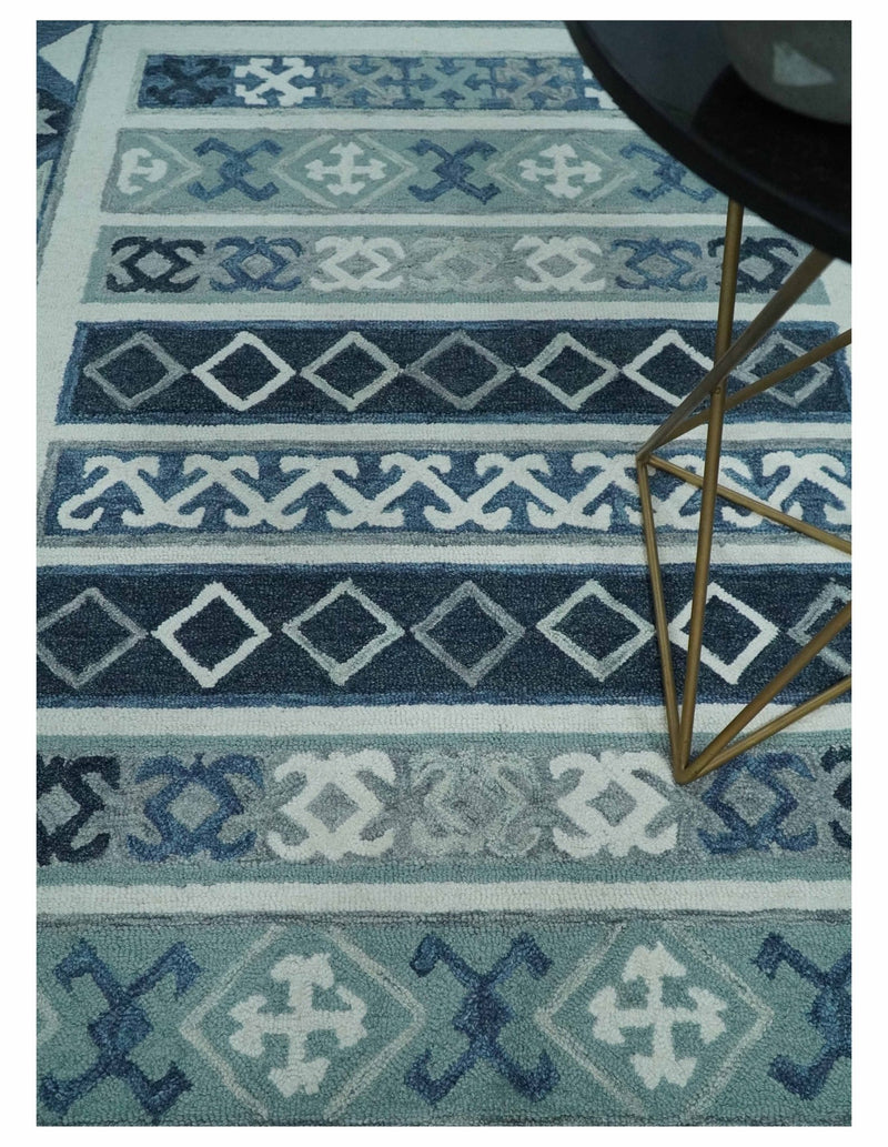 Tribal Design Hand Tufted Ivory, Silver and Teal Traditional wool Rug - The Rug Decor