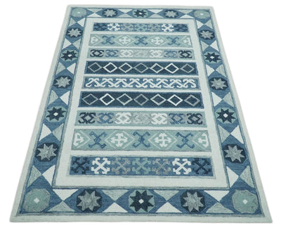 Tribal Design Hand Tufted Ivory, Silver and Teal Traditional wool Rug - The Rug Decor