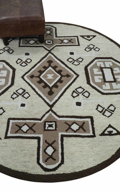 Tribal Design Ivory and Brown Hand Tufted Farmhouse Wool Area Rug - The Rug Decor