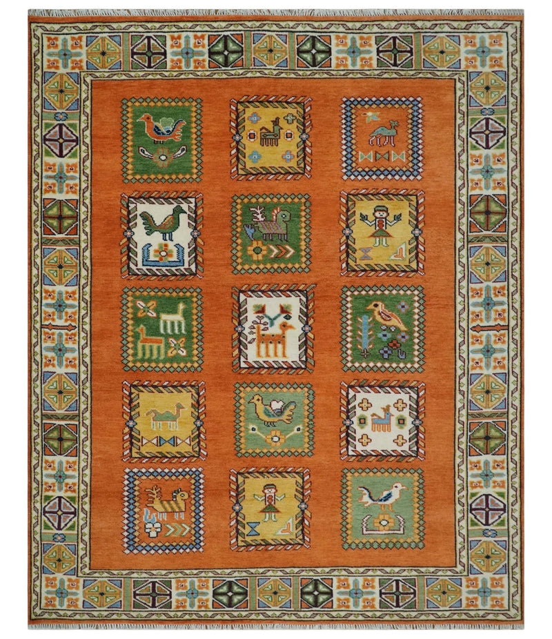 Tribal Gabbeh Rust, Ivory, Green and Beige 8x10 Hand knotted Antique Look Traditional Wool Area Rug - The Rug Decor