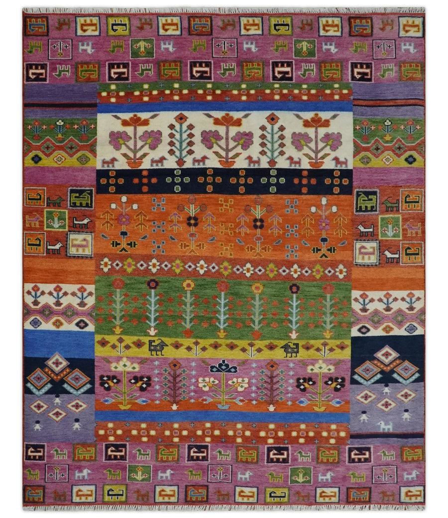 Tribal Gabbeh Rust, Ivory, Green and Pink Hand knotted Antique Look Traditional Wool Area Rug - The Rug Decor